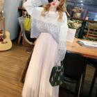 Set:color-block Long-sleeve Sweater + High-waist Mesh Skirt