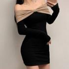 Long-sleeve Off-shoulder Ribbon Mini Sheath Dress