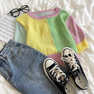 Short-sleeve Panel Cropped Knit Top Top - One Size