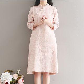3/4-sleeve Floral Print Mandarin Collar Dress