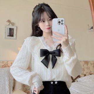 Collar Ribbon Lace Blouse Almond - One Size