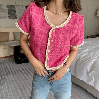 Short-sleeve Contrast Trim Single Breasted Cropped Top