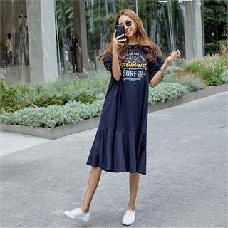 Lace-trim Letter Print Ruffle-hem Dress