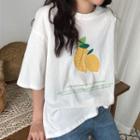 Elbow-sleeve Lemon Print T-shirt