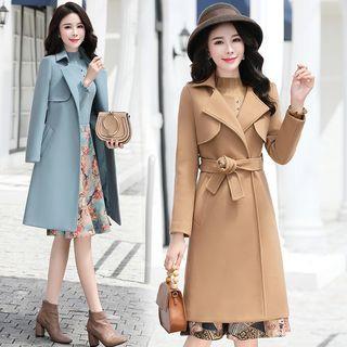 Set: Long-sleeve Top + Floral Print A-line Midi Skirt + Coat