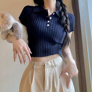 Short-sleeve Ribbed Polo Knit Top Navy Blue - One Size