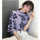 Flower Elbow-sleeve Knit Top Purple - One Size