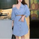 Denim Elbow-sleeve A-line Shirt Dress As Shown In Figure - One Size