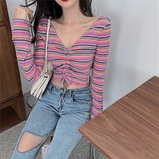Striped Drawstring Cropped Knit Top As Shown In Figure - One Size
