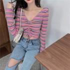 Striped Drawstring Cropped Knit Top As Shown In Figure - One Size