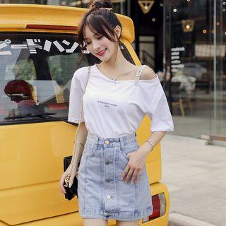Set: Shoulder Cut Out Elbow-sleeve T-shirt + Denim A-line Skirt