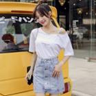 Set: Shoulder Cut Out Elbow-sleeve T-shirt + Denim A-line Skirt