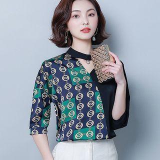 Elbow-sleeve Paneled Choker Neck Chiffon Top