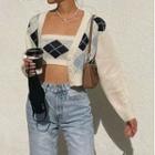 Set: Argyle Cardigan + Tube Top Off-white & Navy Blue - One Size