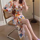 Bubble Sleeve V-neck Printed A-line Dress / Slit Midi Dress