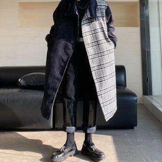 Gingham Panel Corduroy Long Coat
