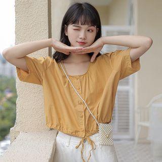 Short-sleeve Plain Cropped Drawstring Blouse