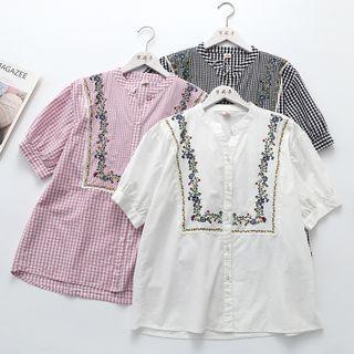 Embroidered Gingham Button-up Blouse