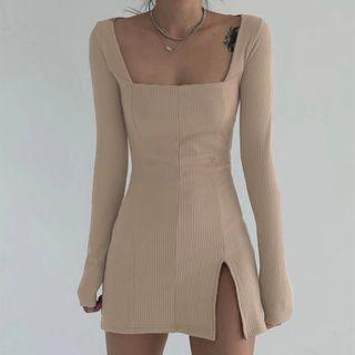 Square-neck Slit Mini Bodycon Dress