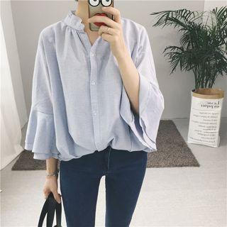 3/4-sleeve Stand Collar Ruffle Blouse