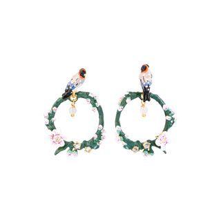 Fashion And Elegant Plated Gold Enamel Bird Flower Circle Earrings With Cubic Zirconia Golden - One Size