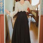 Set: Ruffle Trim Blouse + High-waist Maxi A-line Skirt