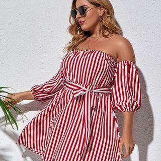 Plus Size Off-shoulder Striped A-line Dress
