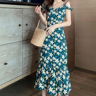 Flower Print Cold-shoulder Midi A-line Dress