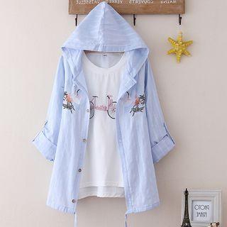 Embroidered Single-breasted Hooded Elbow-sleeve Jacket