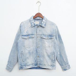 Washed Distressed Applique Buttoned Denim Jacket