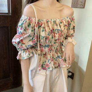 Puff-sleeve Floral Print Peplum Top As Shown In Figure - One Size