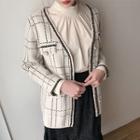 Piped Faux-pearl Button Checked Jacket Light Beige - One Size