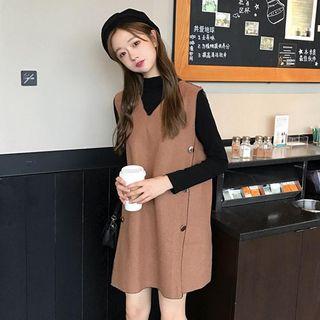 Plain Turtleneck Long-sleeve Slim-fit Top / Plain V-neck Sleeveless Dress