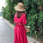 Plain Open Back High-waist Short-sleeve Dress