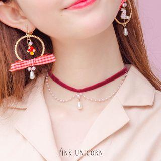 Faux Pearl Layered Velvet Choker Wine Red - One Size