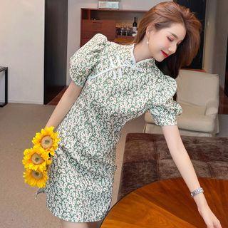 Puff-sleeve Floral Qipao Dress