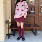 Polo-neck Flower Print Sweater / A-line Mini Skirt