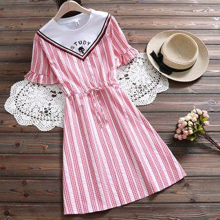 Cat Embroidered Plaid Short-sleeve A-line Dress