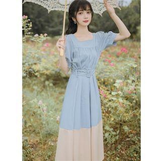 Two-tone Square-neck Midi A-line Dress