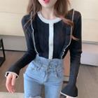 Long-sleeve Buttoned Ruffled Knit Top