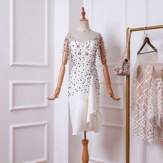 Short-sleeve Sequined Midi Sheath Cocktail Dress