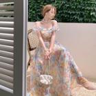 Puff-sleeve Cold-shoulder Floral Maxi A-line Dress