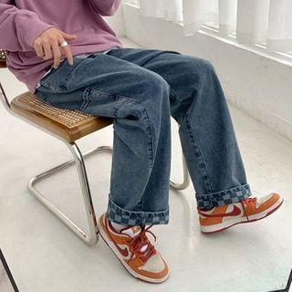 Checkerboard Print Roll-up Straight Leg Jeans