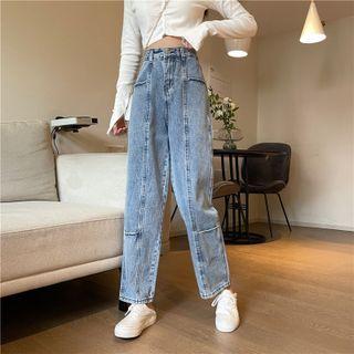 Washed Patched Straight Leg Jeans