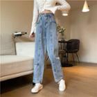 Washed Patched Straight Leg Jeans