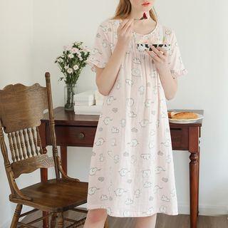 Printed Lace Trim Short-sleeve Nightdress