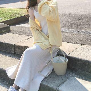 Set: Spaghetti Strap Knit A-line Midi Dress + Tie-front Cardigan