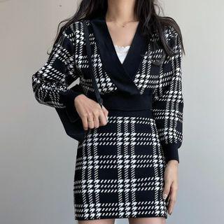 Long-sleeve V-neck Plaid Crop Top / Plaid Mini Pencil Skirt / Set