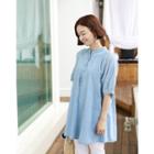 Perforated Elbow-sleeve Denim Shirtdress