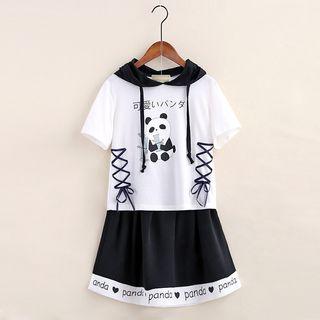 Set: Panda Print Hooded Short-sleeve T-shirt + A-line Skirt